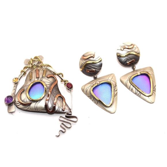 Susan Maria Buckley Sterling Silver Niobium Modernist Brooch & Earrings SET!